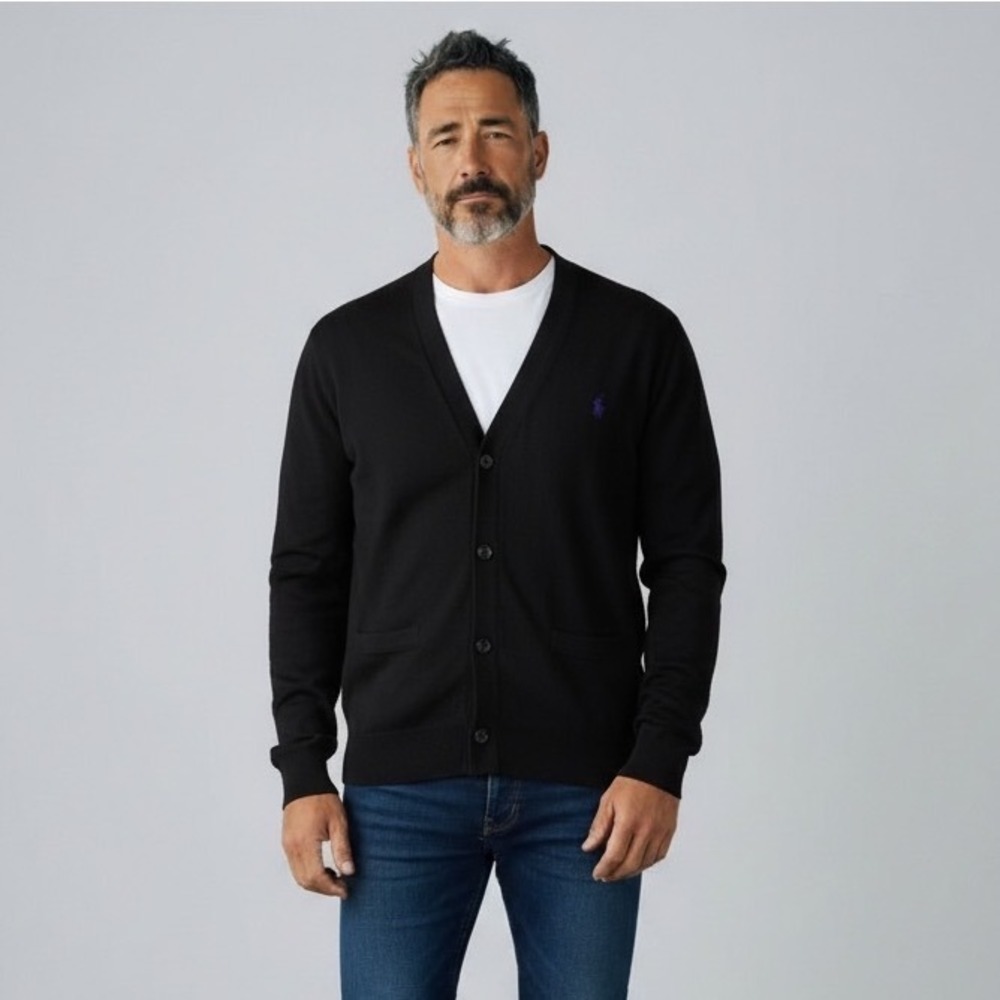 Polo Ralph Lauren Mens Black Pima Cotton V-Neck Cardigan Sweater Large